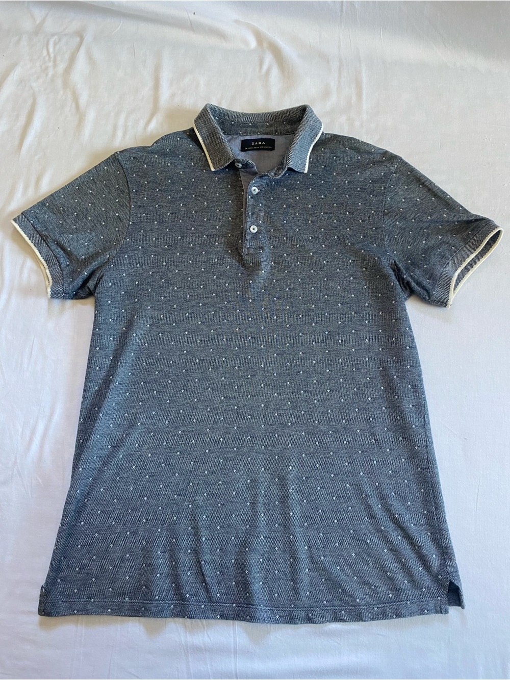 ZARA Men's Heather Grey Polo with Dot Texture and Contrast Trim - Size S